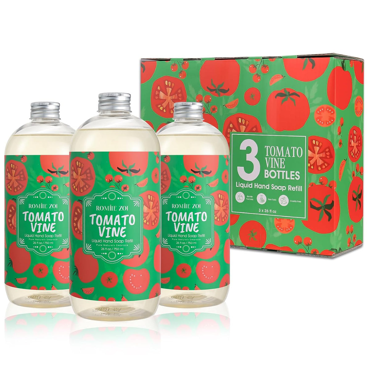 ROMIIE ZOI LIquid Hand Soap Refills Gift Set – Tomato Vine Scent – 3 x 26 Fl Oz Bottles