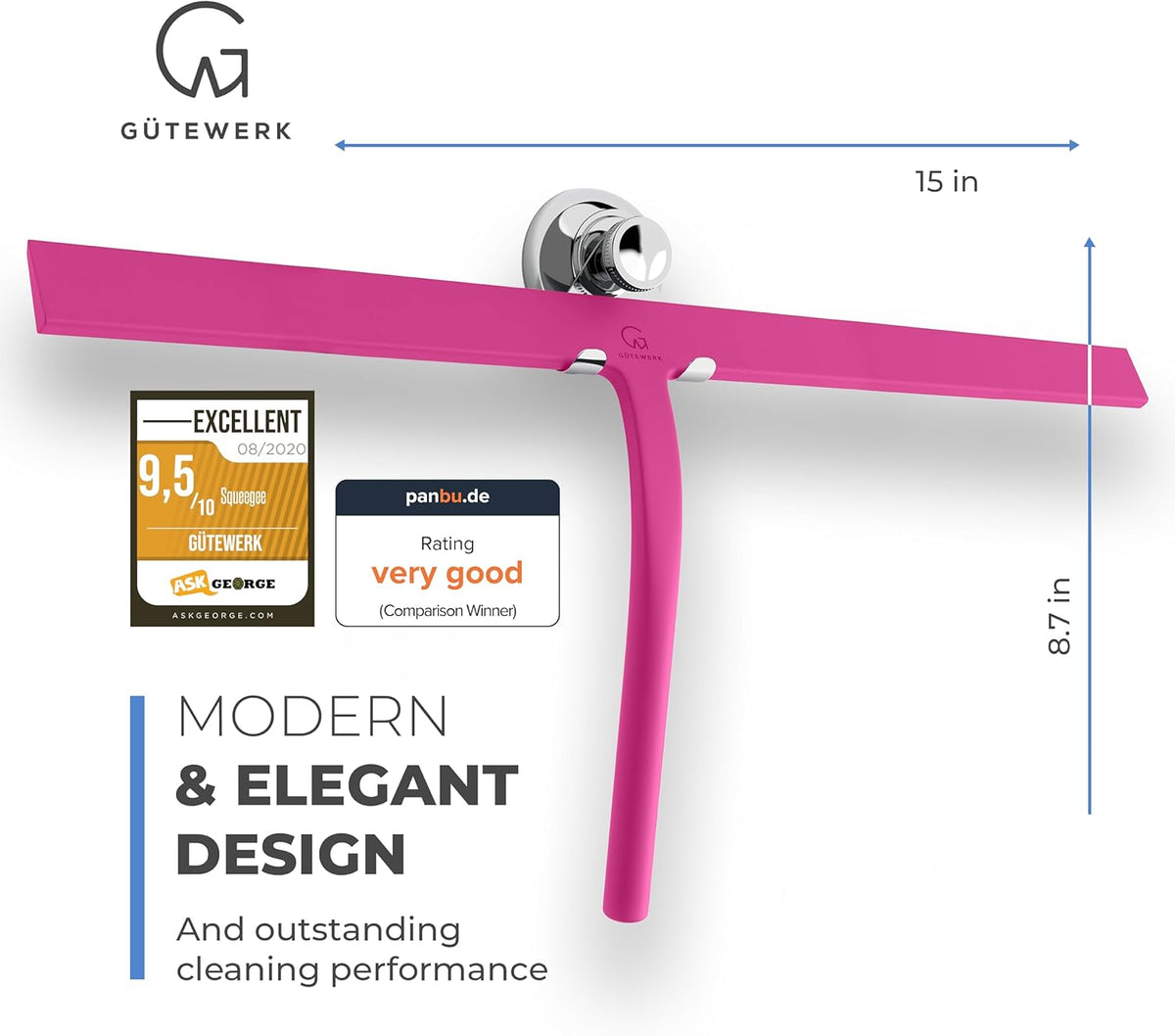 GÜTEWERK Shower Squeegee for Glass Doors, Silicone Window Squeegee, Bathroom and Glass Cleaning
