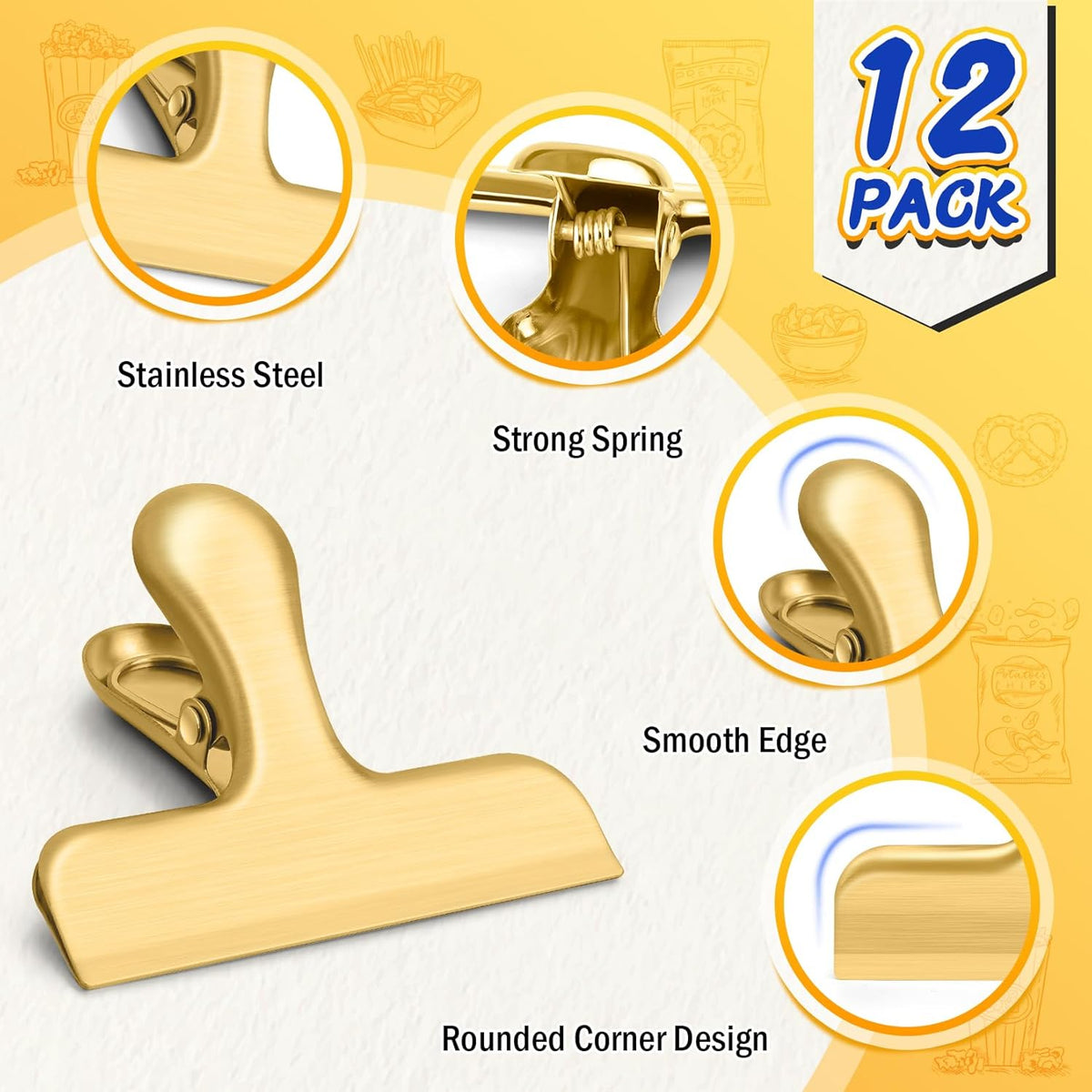 VNDUEEY 12 Pack Chip Clips, Stainless Steel Bag Clips for Food - Keep Snacks Fresh, Strong Grip