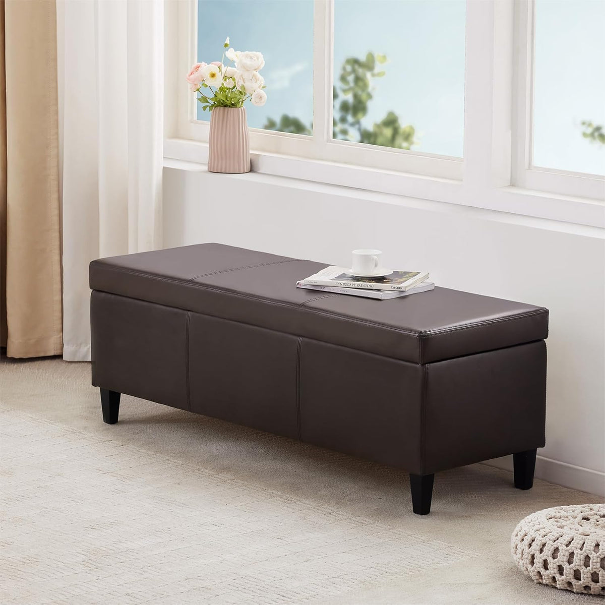 HUIMO Faux Leather Storage Ottoman Bench 50.3 Inch Extra Long PU Upholstered Bedroom Bench with