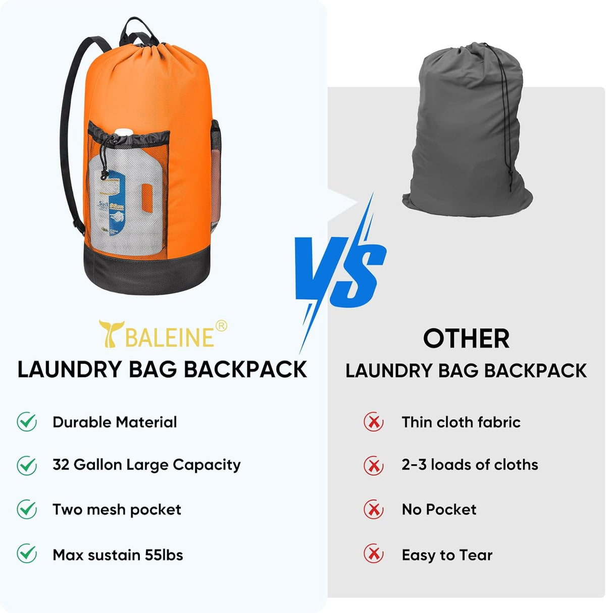 BALEINE 150L Laundry Bag Backpack, 900D Oxford Fabric Large Travel Laundry Bags with Shoulder