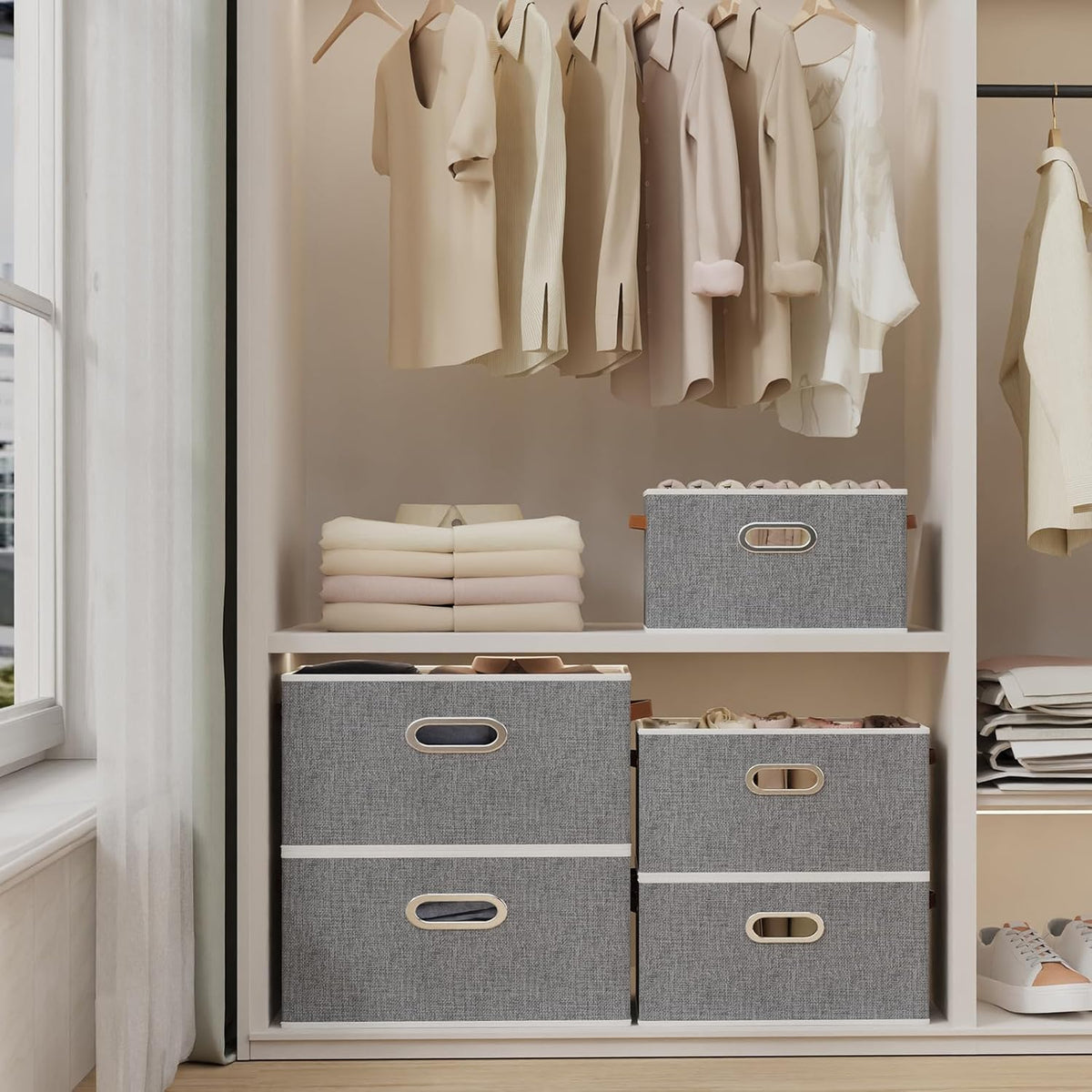 Yawinhe Foldable Storage Baskets for Shelves, Fabric Closet Organizers, Bins with 3 Handles, Cubes