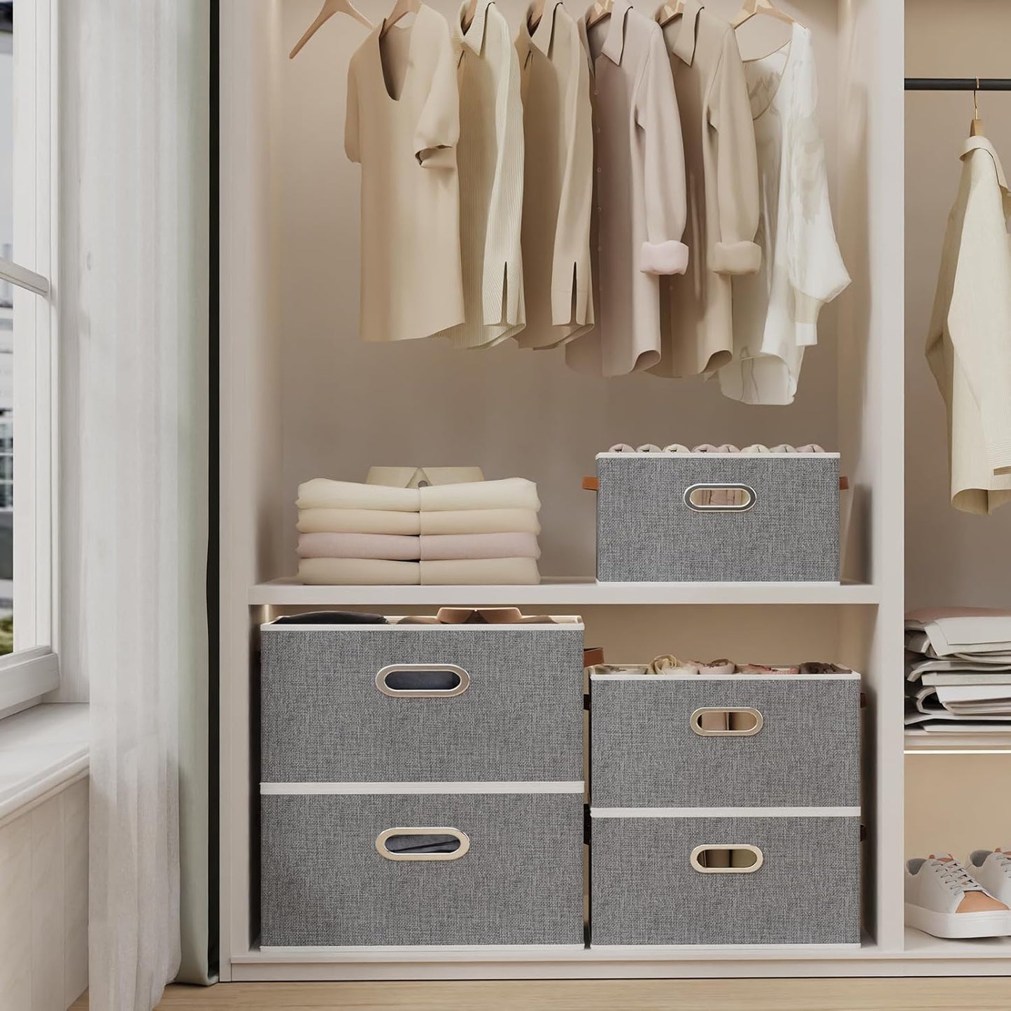 Yawinhe Foldable Storage Baskets for Shelves, Fabric Closet Organizers, Bins with 3 Handles, Cubes