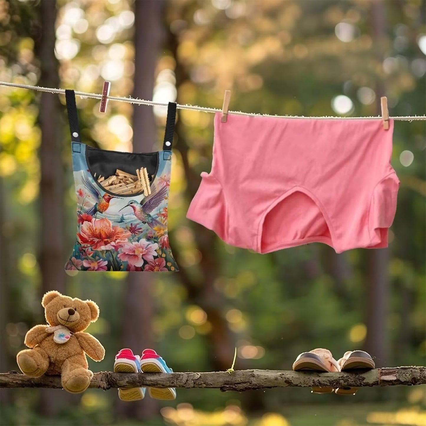 Hummingbird Hibiscu Large Capacity 14.5 x 12 Inch Clothespin Bag with Hanging Hook Waterproof