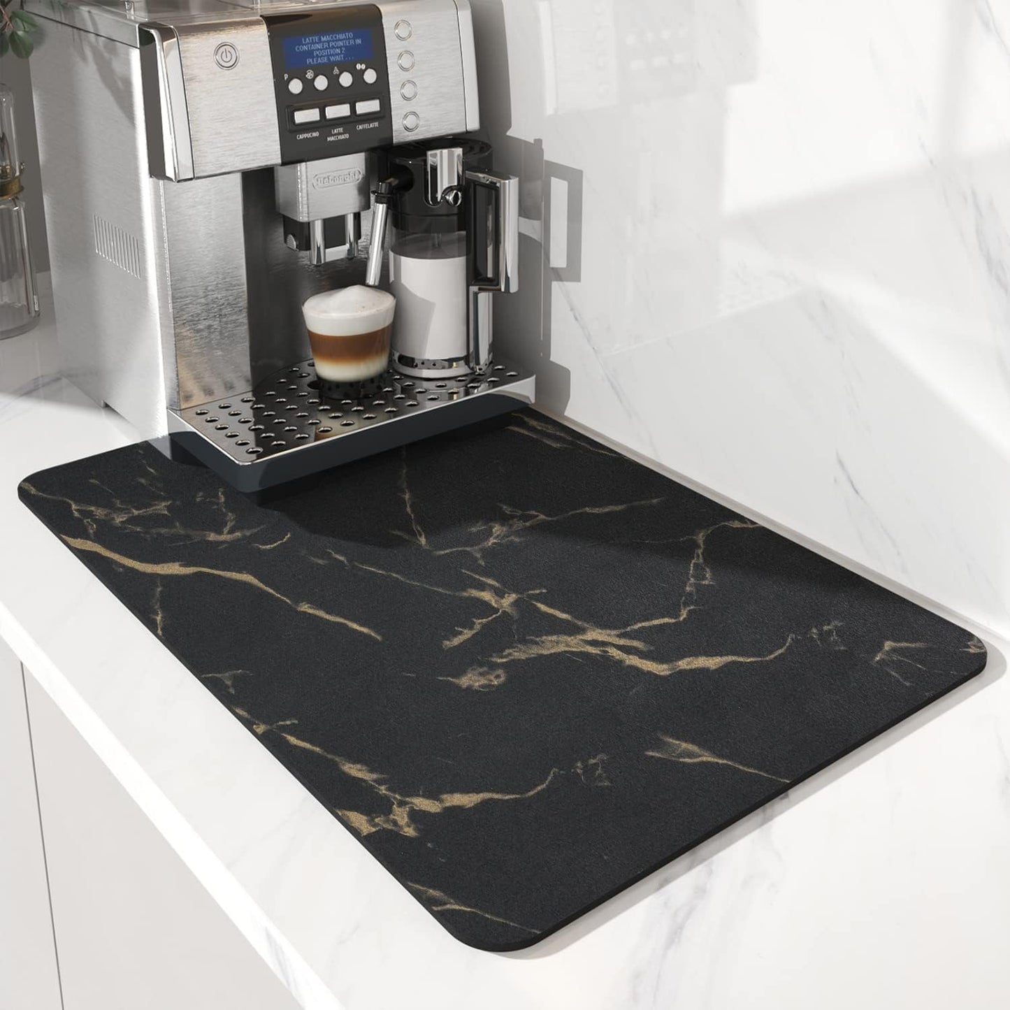 AMOAMI Coffee Mat - Hide Stain Rubber Backed Absorbent Dish Drying Mat for Kitchen Counter - Black