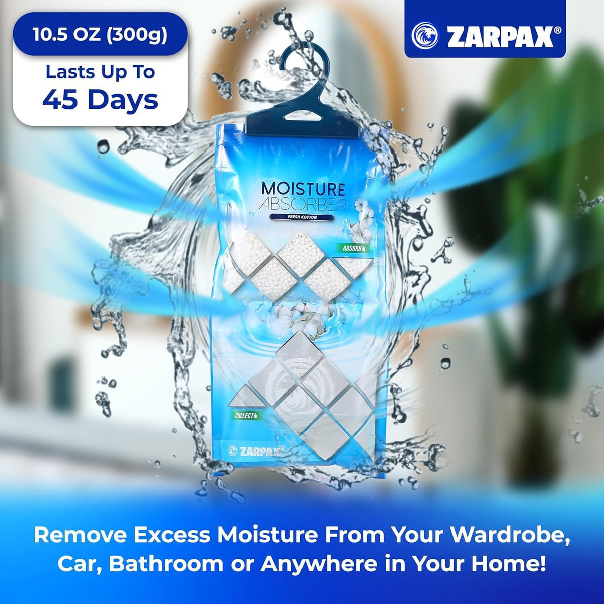 Hanging Moisture Absorber Fresh Cotton 10.6 oz/300g | Moisture Absorbing Bags for Bathroom, Closet