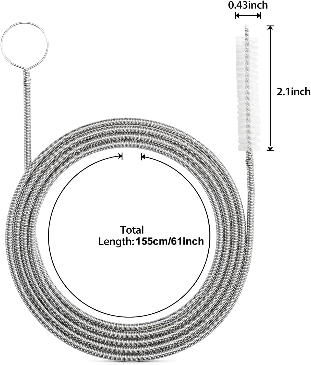 Extra-Thick Drain Brush with Stronger Spring 61-Inch Stainless Steel and Nylon Pipe Cleaner for