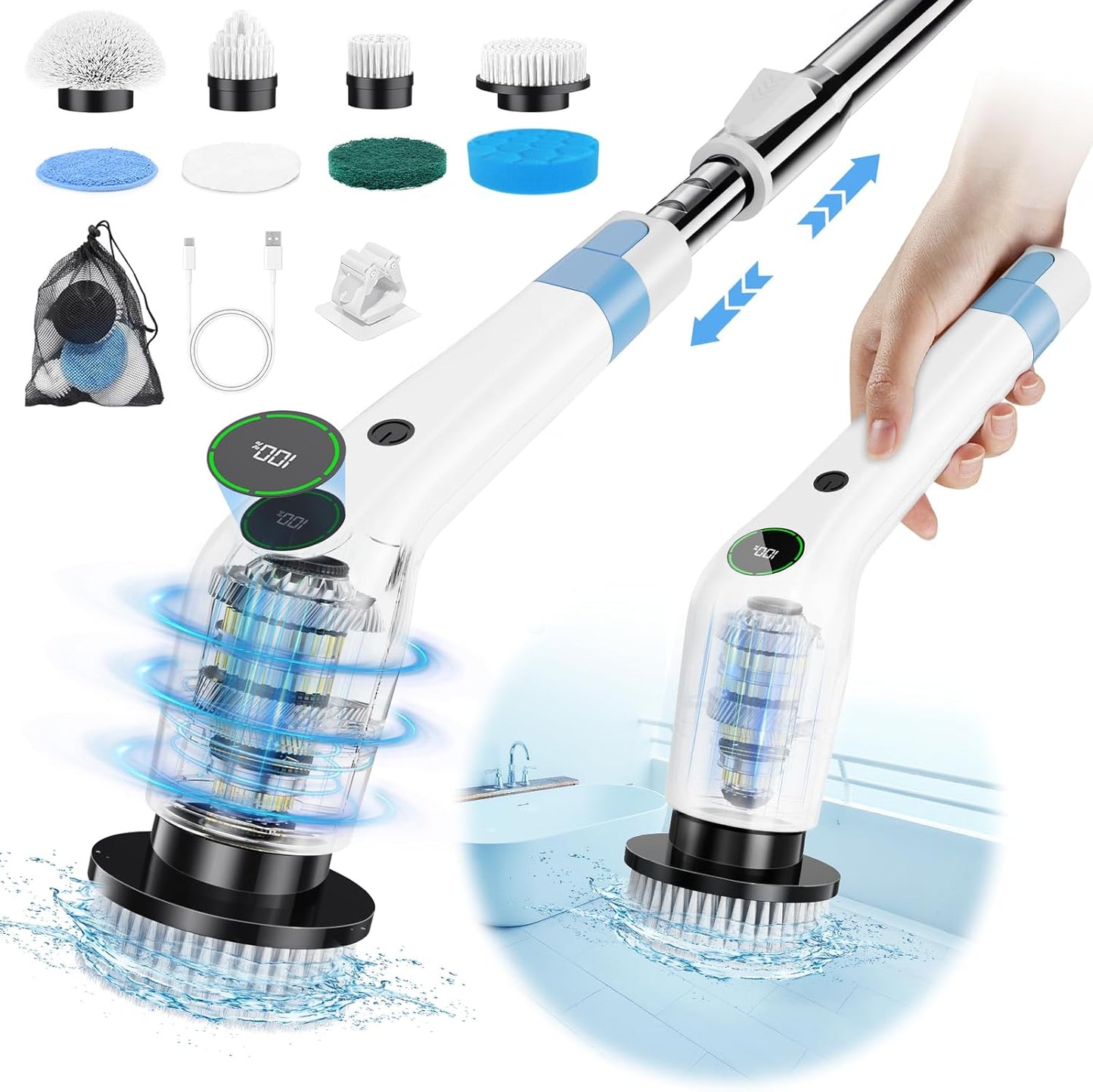 Electric Spin Scrubber, Cordless Shower Scrubber with 8 Scrub Brush, 2 Speed with Adjustable
