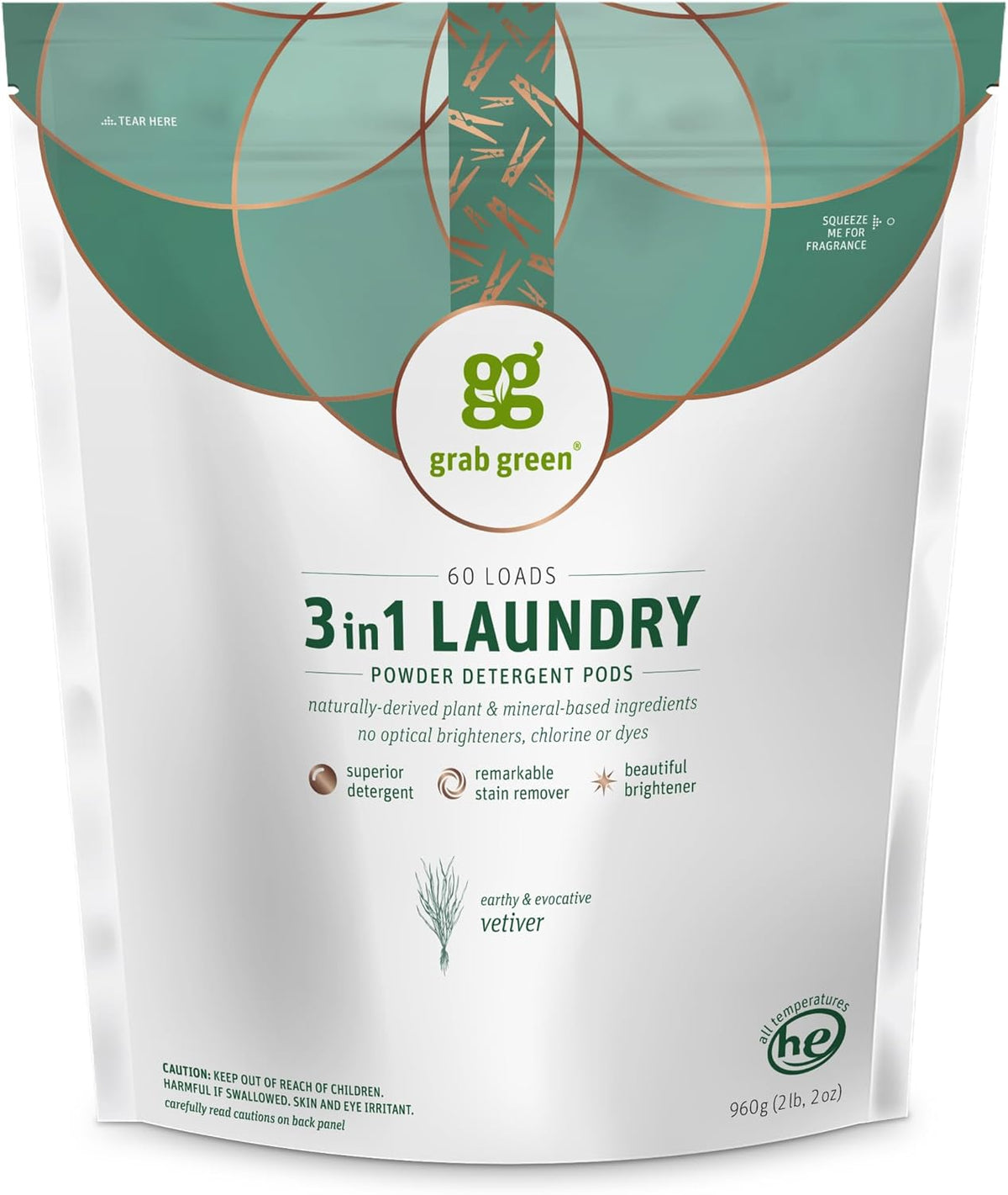 Grab Green 3-in-1 Laundry Detergent Pods, 60 Count, Vetiver Scent, Plant and Mineral Based