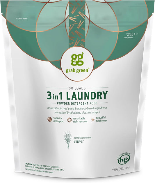 Grab Green 3-in-1 Laundry Detergent Pods, 60 Count, Vetiver Scent, Plant and Mineral Based