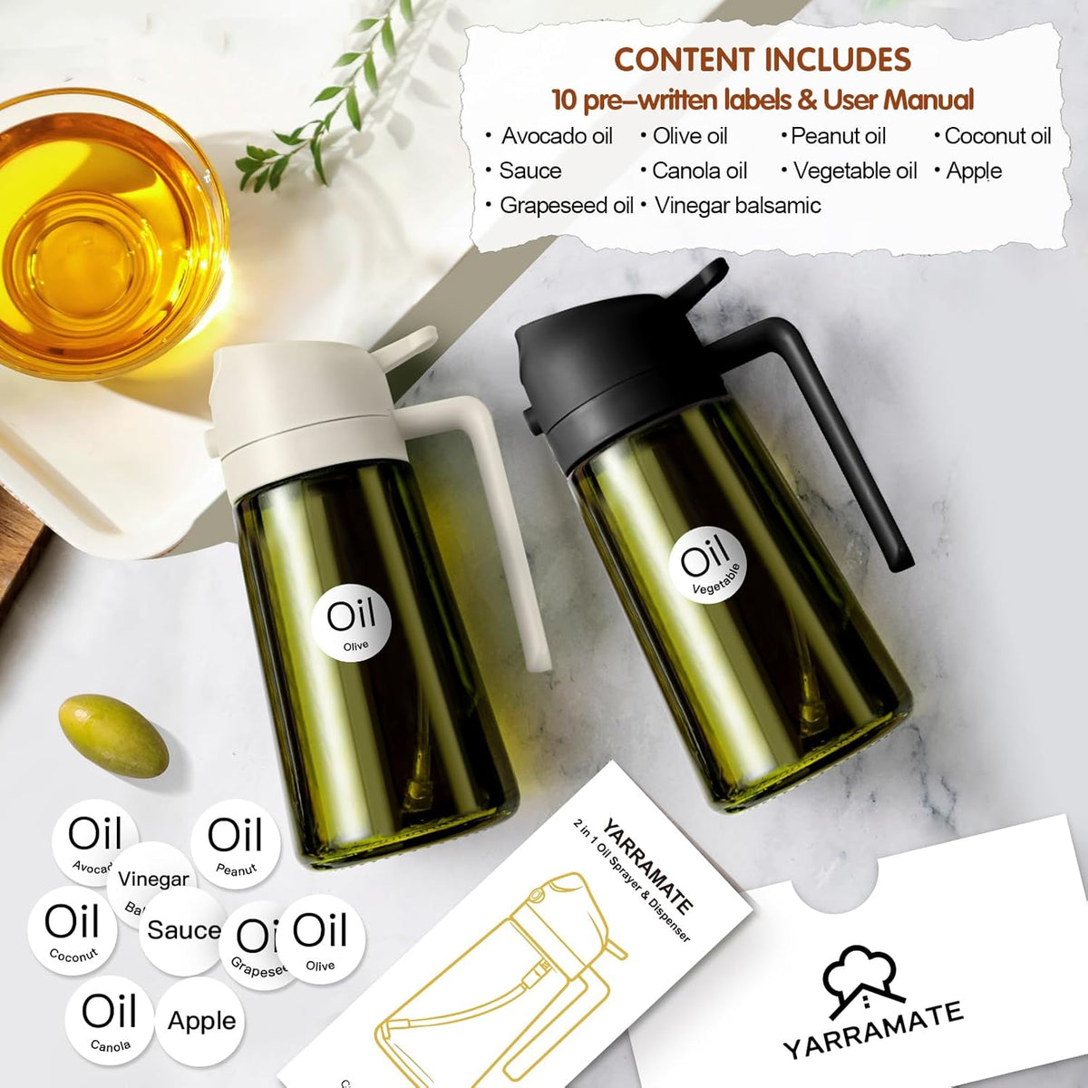 YARRAMATE 16oz/470ml 2PCS Light Blockage Dark Oil Sprayer for Cooking, 2 in 1 Olive Oil Dispenser