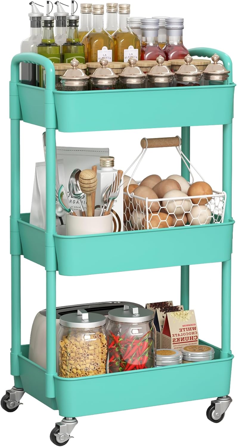 Sywhitta 3-Tier Plastic Rolling Utility Cart with Handle, Multi-Functional Storage Trolley for