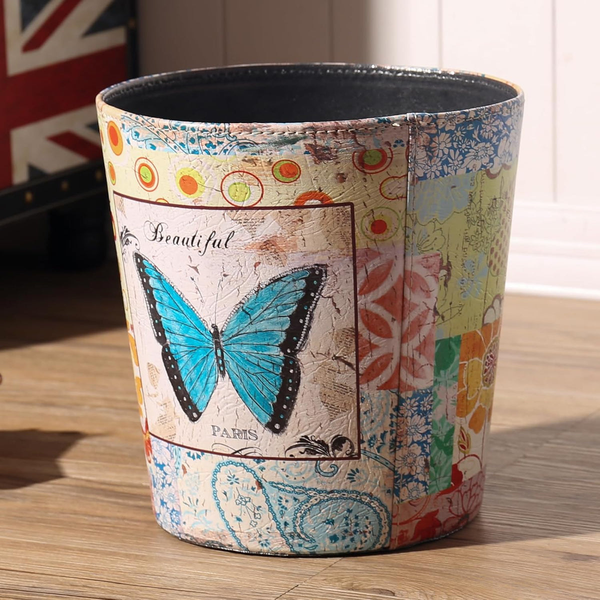 PU Leather Small Trash Can Wastebasket, Round Garbage Container Basket for Bathrooms, Laundry Room