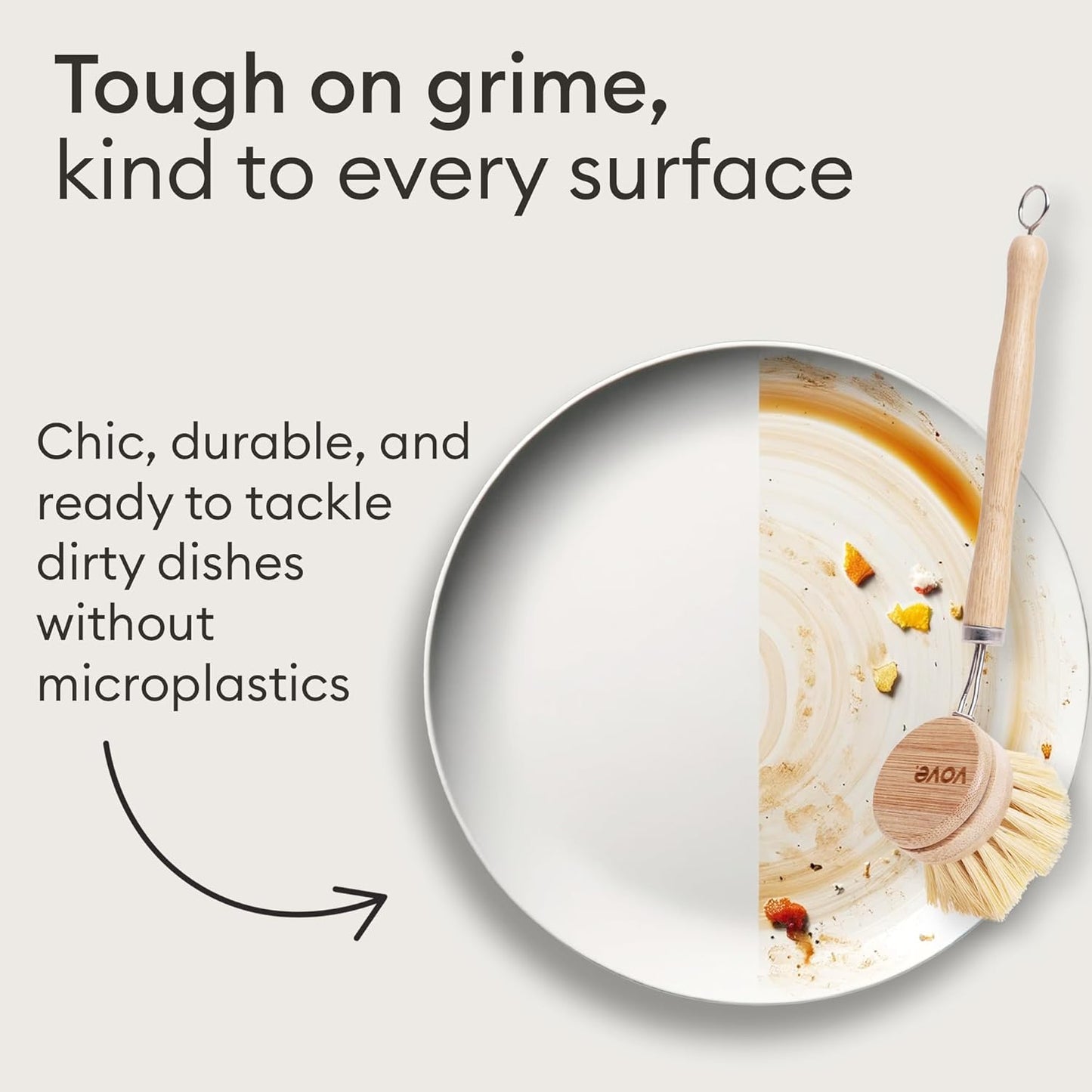 Vove Bamboo Dish Brush, FSC-Certified - Includes 3 Replacement Heads - Natural Fiber Bristles