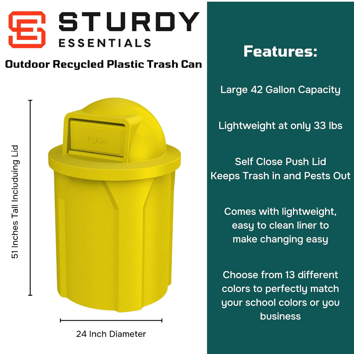 42 Gallon Circle 100% Recycled Plastic Heavy Duty Outdoor Commercial Trash Can with Push Open Dome