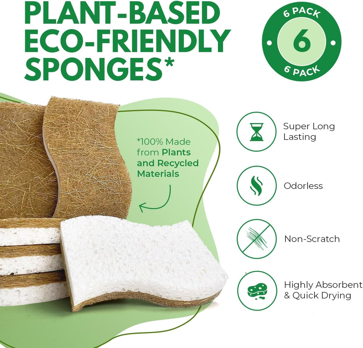 Biodegradable Natural Kitchen Sponge - Compostable Cellulose and Coconut Walnut Scrubber Sponge (6