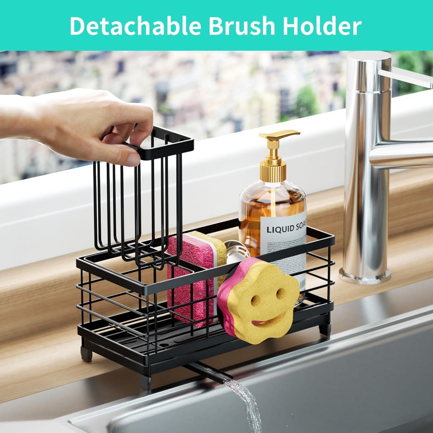 HapiRm Sponge Holder for Kitchen Sink - Self-draining Sink Caddy with Smiley Face and Brush Holder