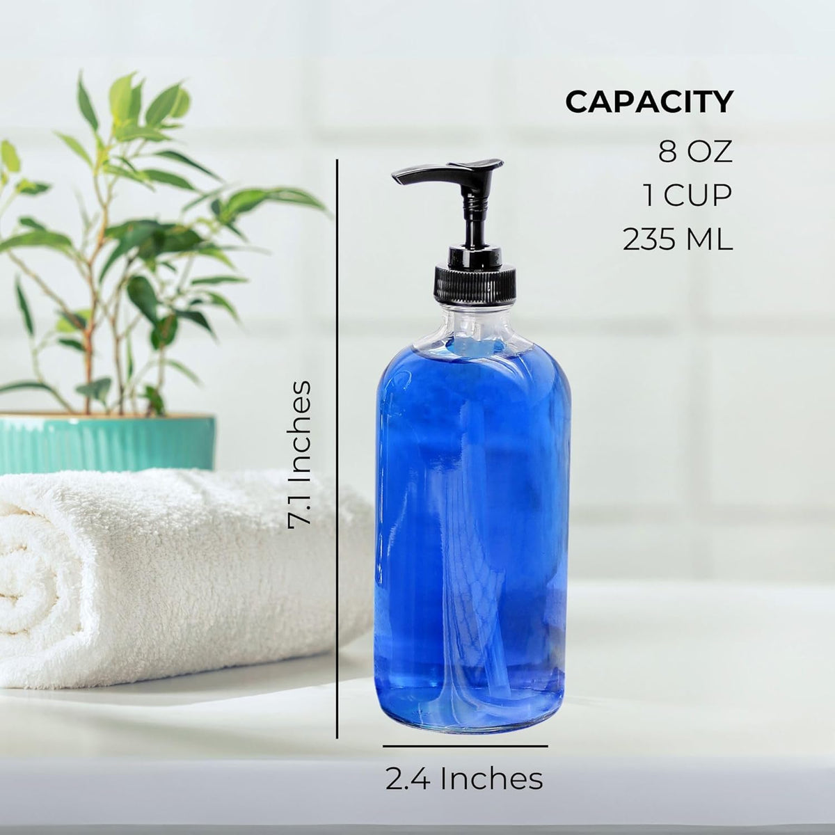 Cornucopia Brands 8oz Clear Glass Pump Bottles (4-Pack w/Black Plastic Pumps), Great as Essential
