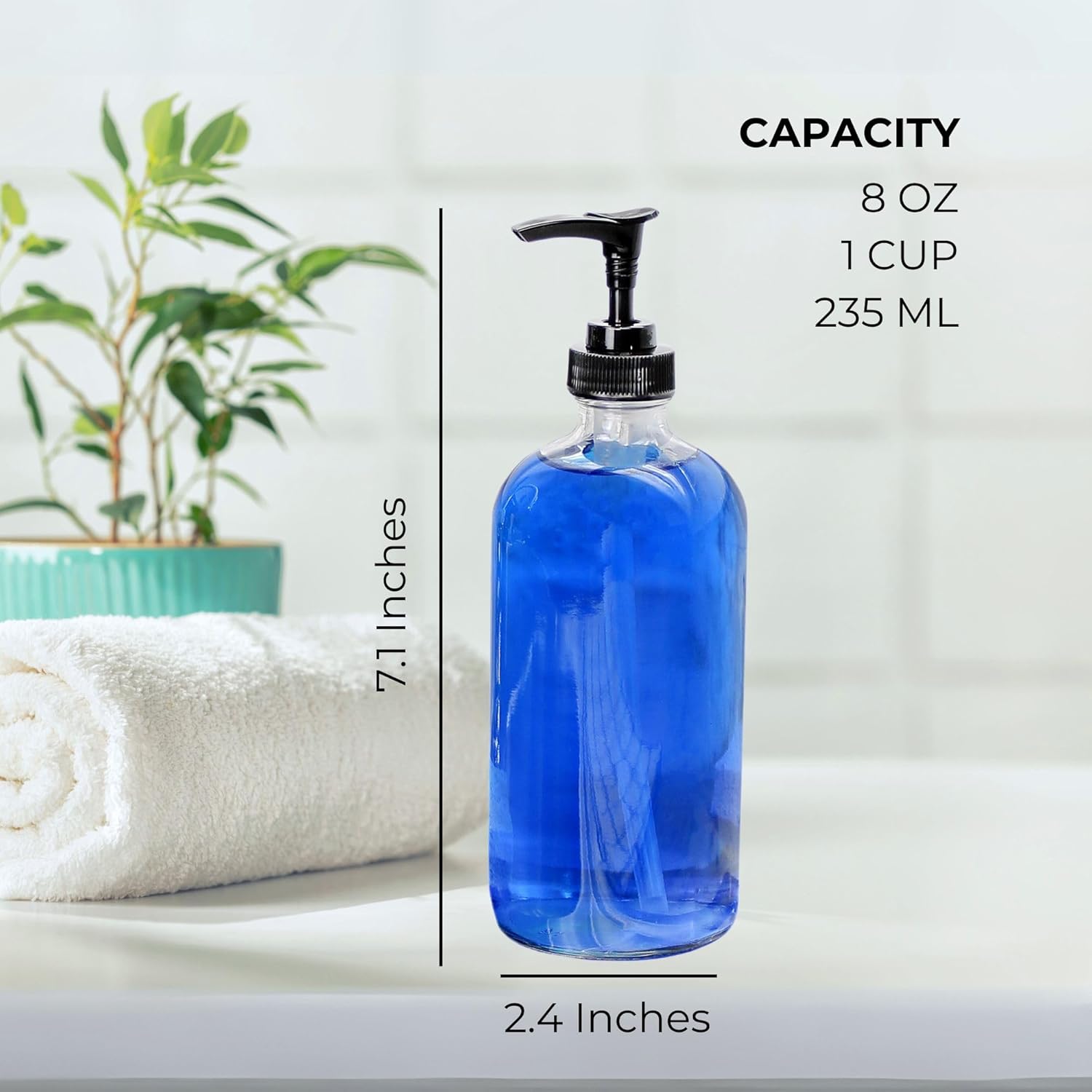 Cornucopia Brands 8oz Clear Glass Pump Bottles (4-Pack w/Black Plastic Pumps), Great as Essential