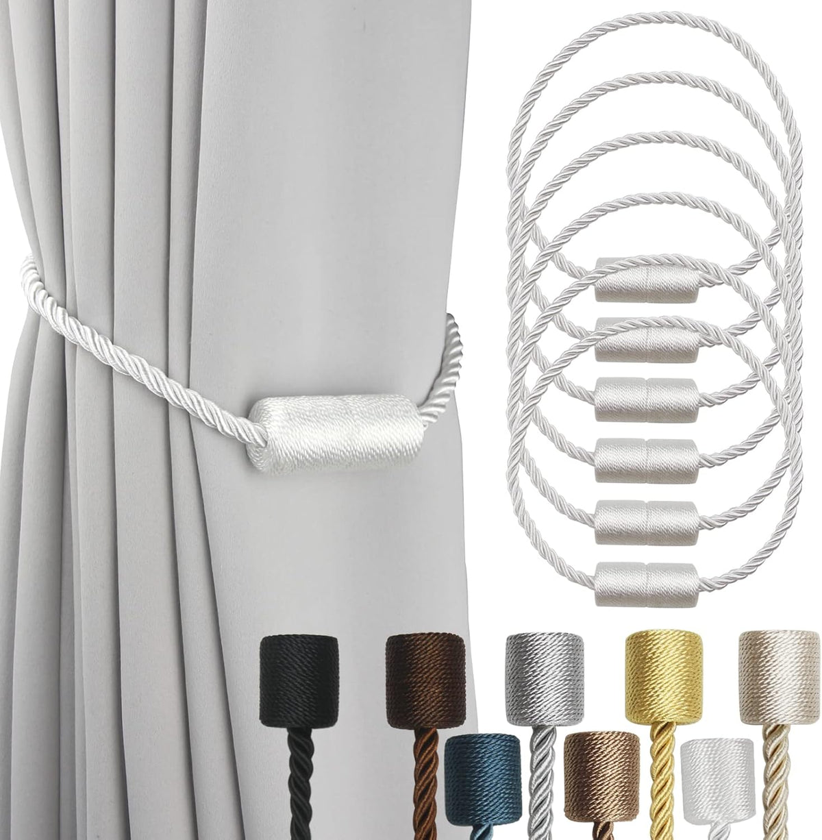 6 Pack White Strong Magnetic Curtain Tiebacks Outdoor Elegant Decorative Tie Backs Modern Rope