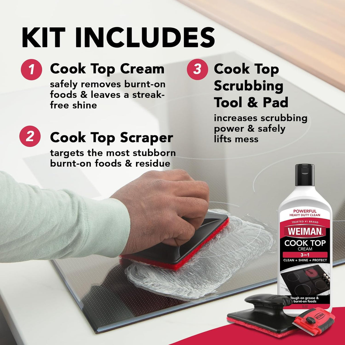 Weiman Cooktop and Stove Top Cleaner Kit - Glass Cook Top Cleaner and Polish 10 oz. Scrubbing Pad