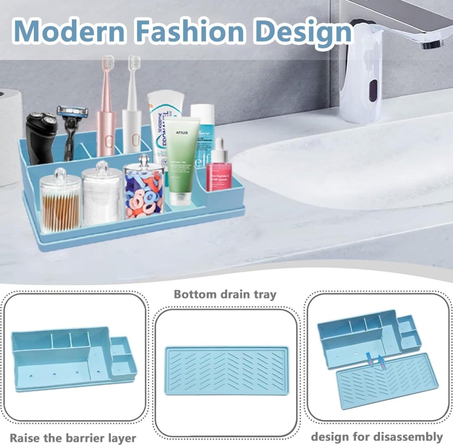 Silicone Multifunctional Bathroom Organizer Countertop,7Compartment Silicone Cosmetics Storage