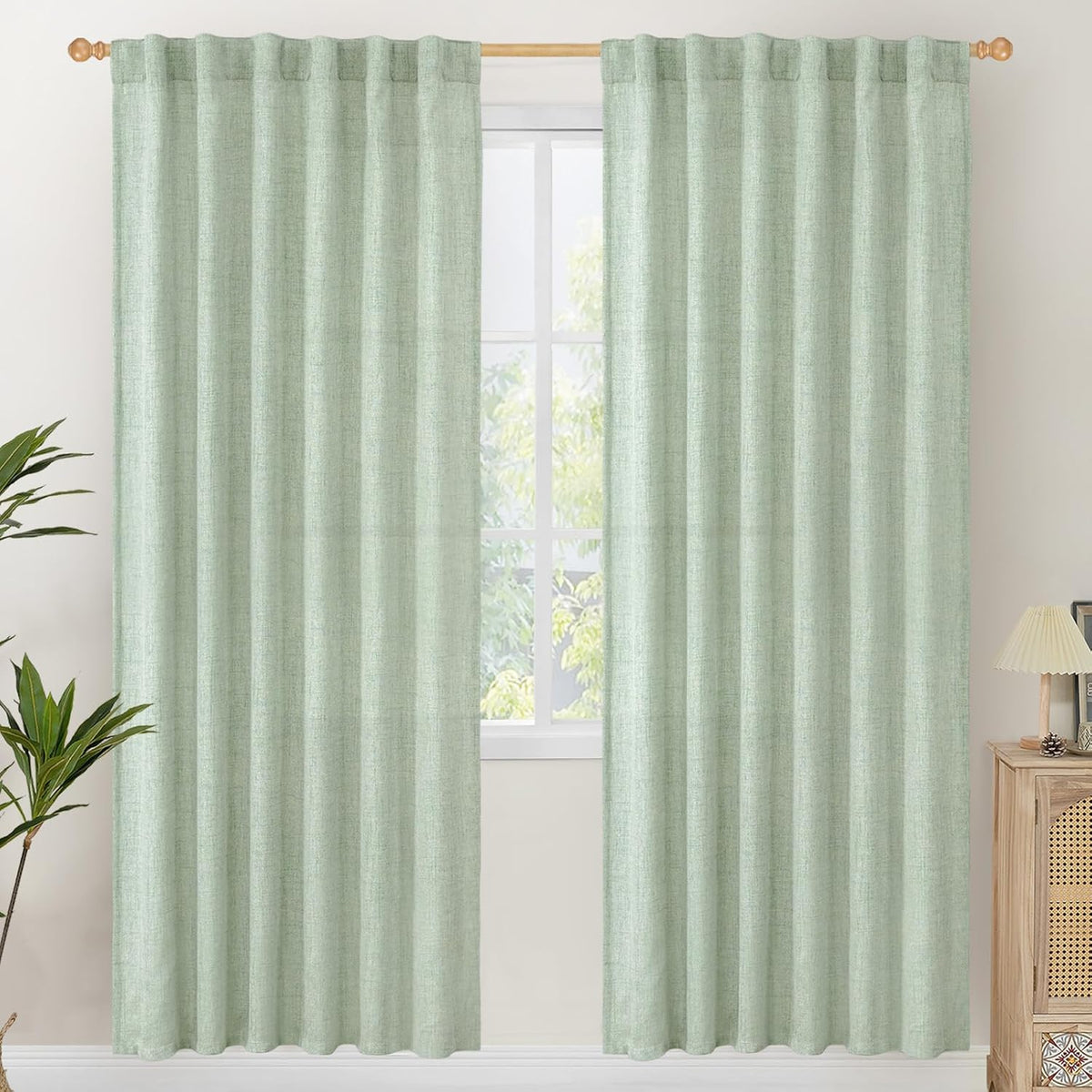 YoungsTex Sage Green Linen Curtains 78 Inches Long for Living Room, Semi Sheer Window Drapes Light