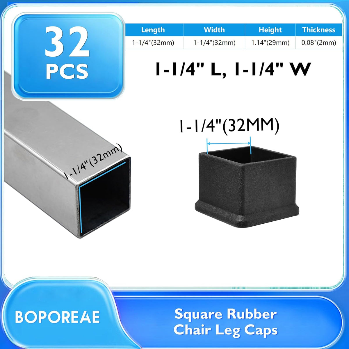 32 Pcs 1-1/4" x 1-1/4" Square Rubber Chair Leg Caps, PVC Table Leg Covers, Flexible & Anti-Slip