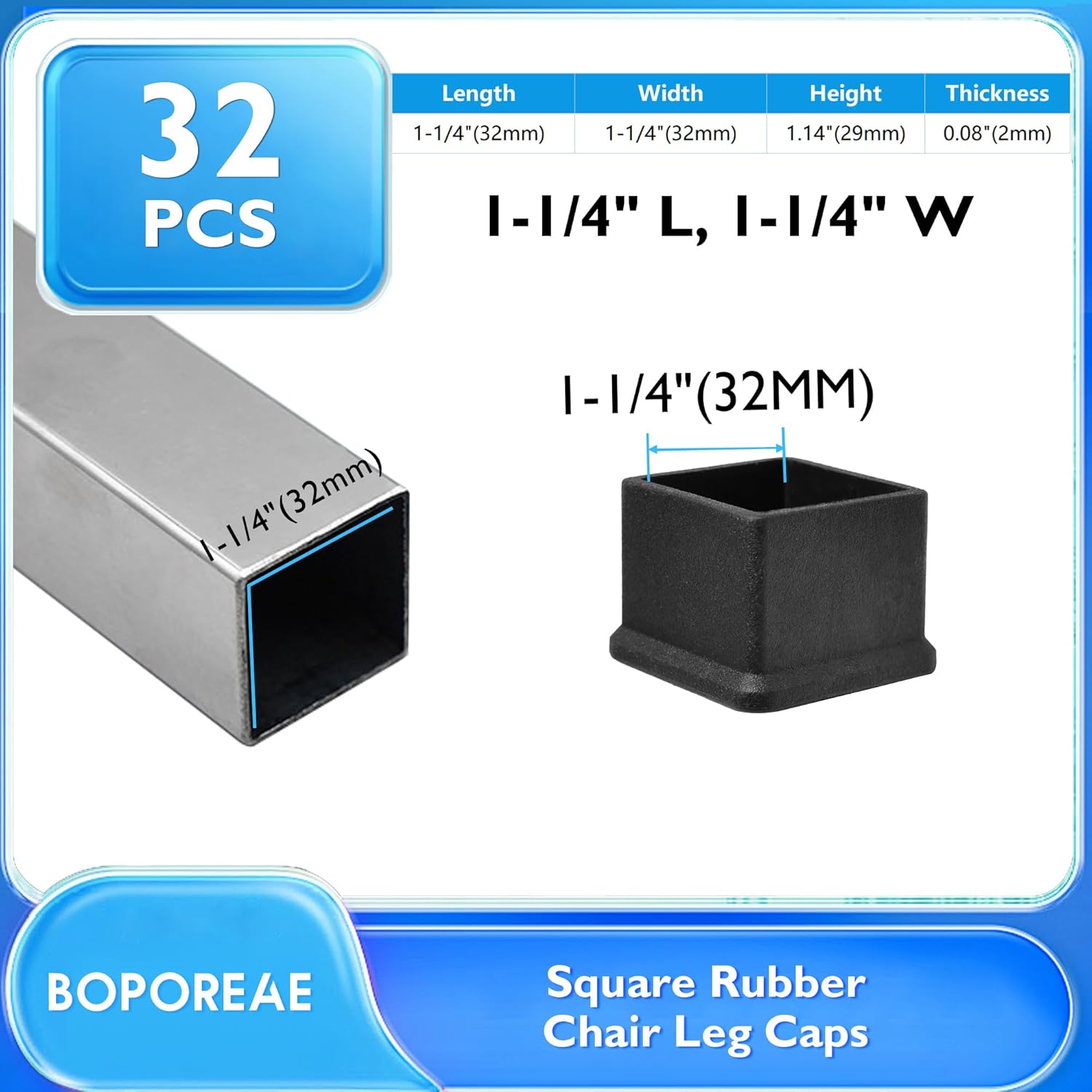 32 Pcs 1-1/4" x 1-1/4" Square Rubber Chair Leg Caps, PVC Table Leg Covers, Flexible & Anti-Slip
