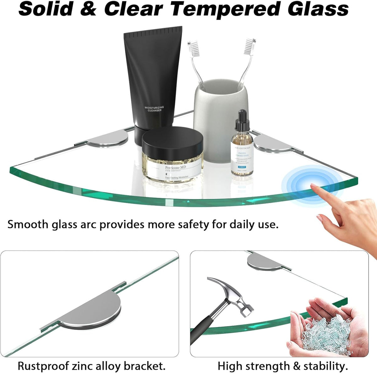 Corner Glass Shower Caddy 2 Pack 8MM-Thick Tempered Glass Shelf No Drilling Wall Mount Corner