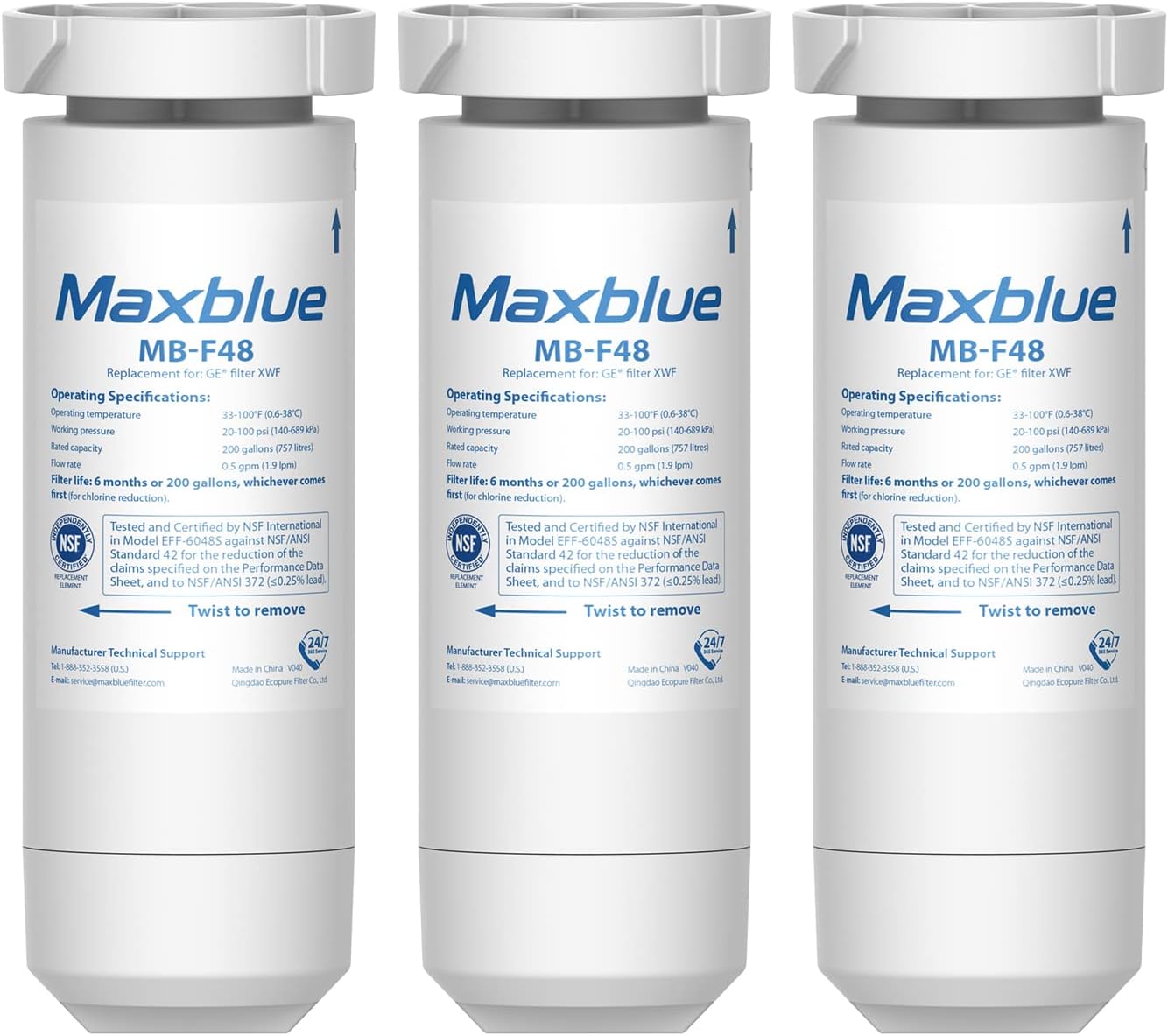 Maxblue XWF Replacement for GE® XWF, WR17X30702, NSF Certified Refrigerator Water Filter, 3 Filters