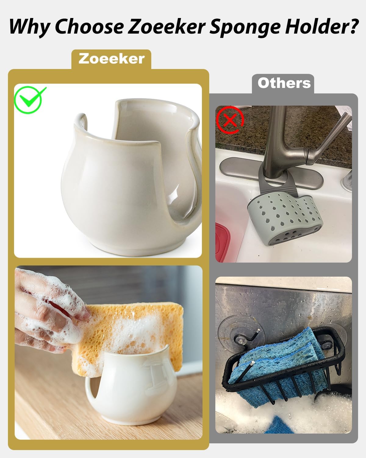 Sponge Holder for Kitchen Sink Counter, Ceramic Dish Sponge Caddy White Sink Organizer Dish Rack