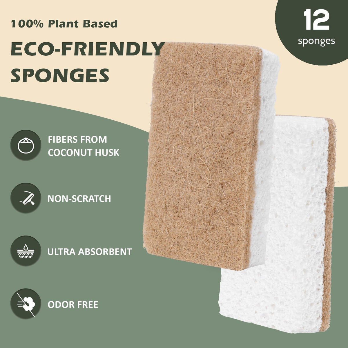 Isshah Plant-Based Kitchen Sponges - FSC Certified and PETA Approved, Natural, Eco-Friendly