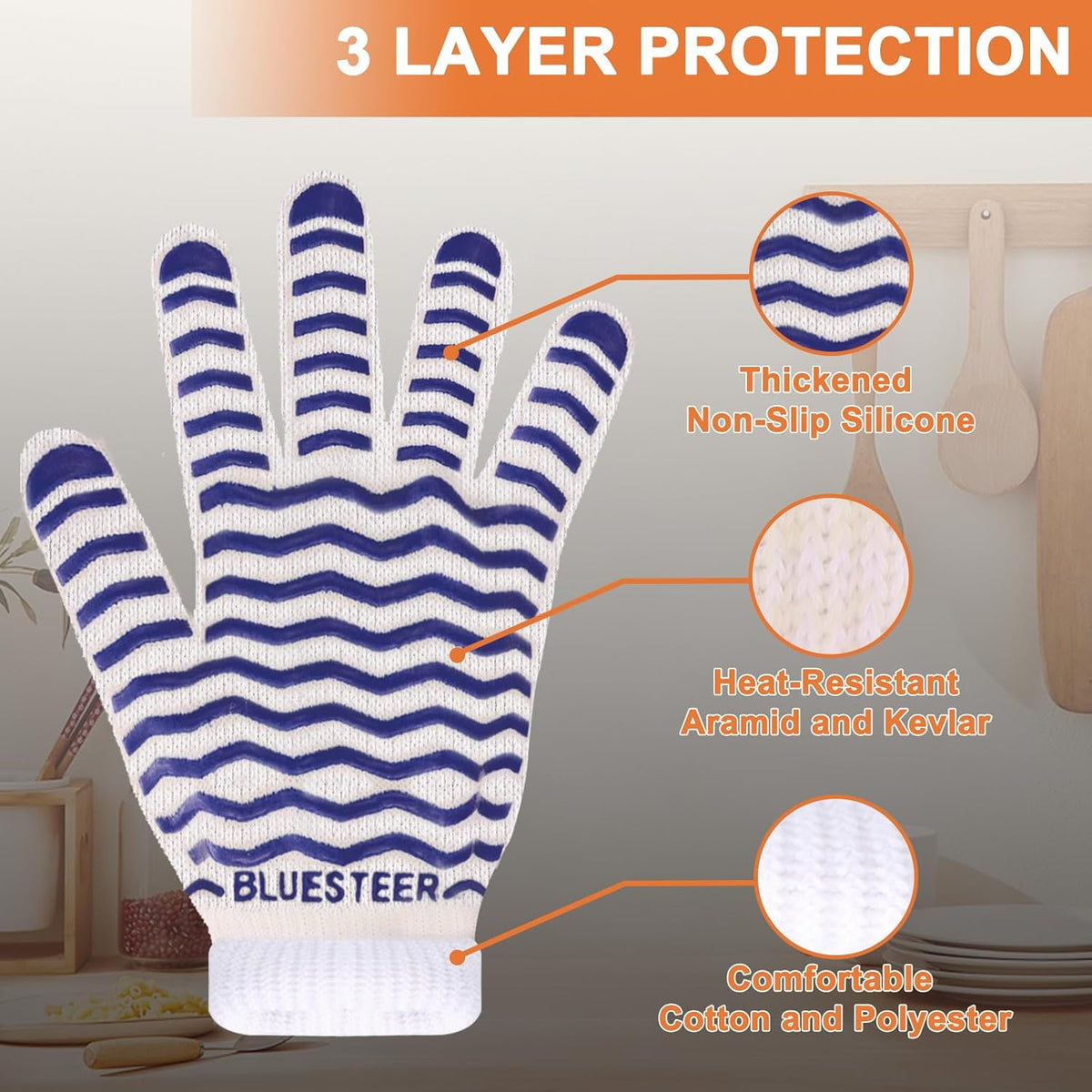 Oven Gloves 932°F Heat Resistant Oven Mitts with Fingers, Heat Proof BBQ Grill Gloves Silicone Grip