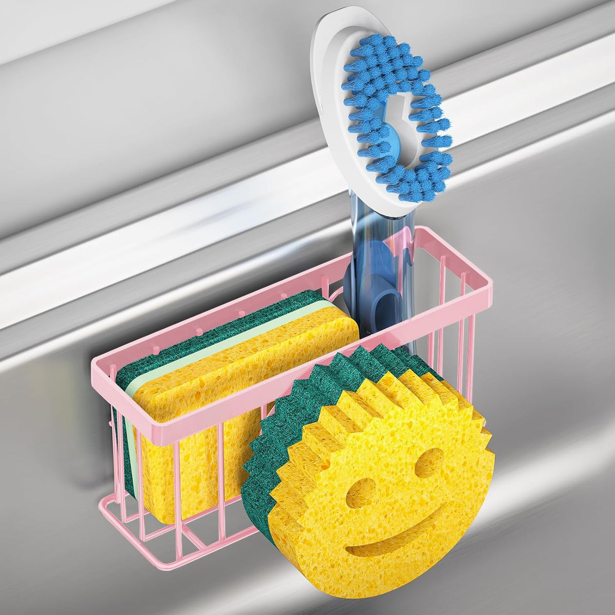 Sponge Holder Smiley Face,Sink Caddy,Sink Organizer with 2 Suction Cups/1 Adhesive Strips,Designed