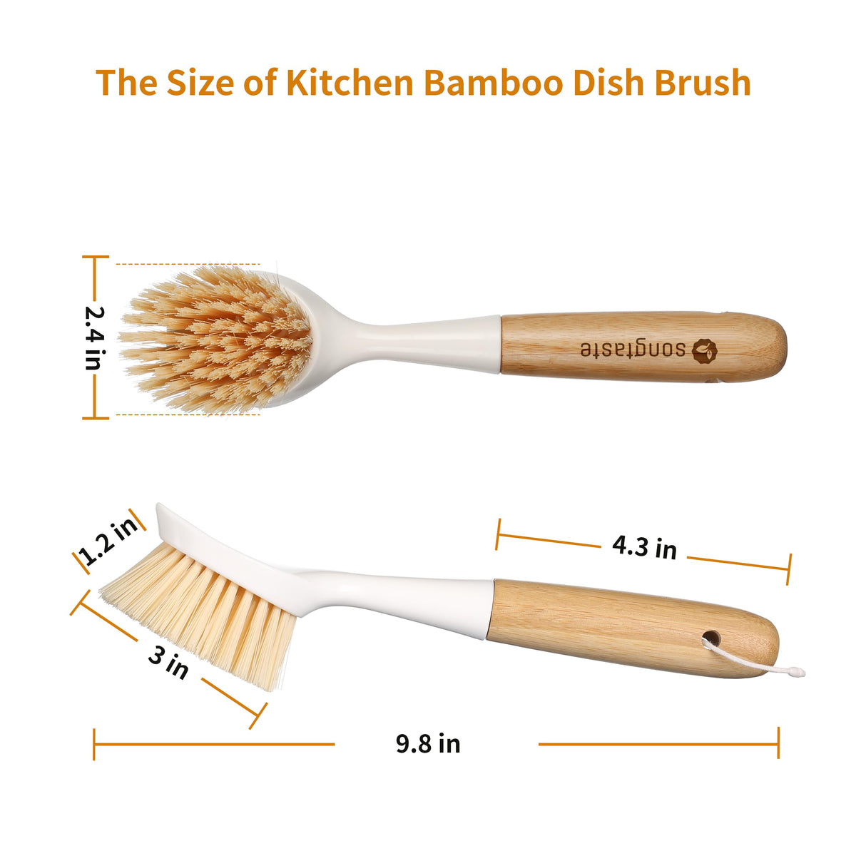 2 Pack Kitchen Dish Brush Bamboo Handle Dish Scrubber Built-in Scraper