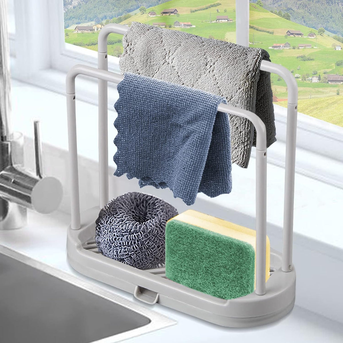 Kitchen Sponge Holder Dishcloth Hanger, Kitchen Sink Rack Tray Organizer Stand for Sponge, Dish