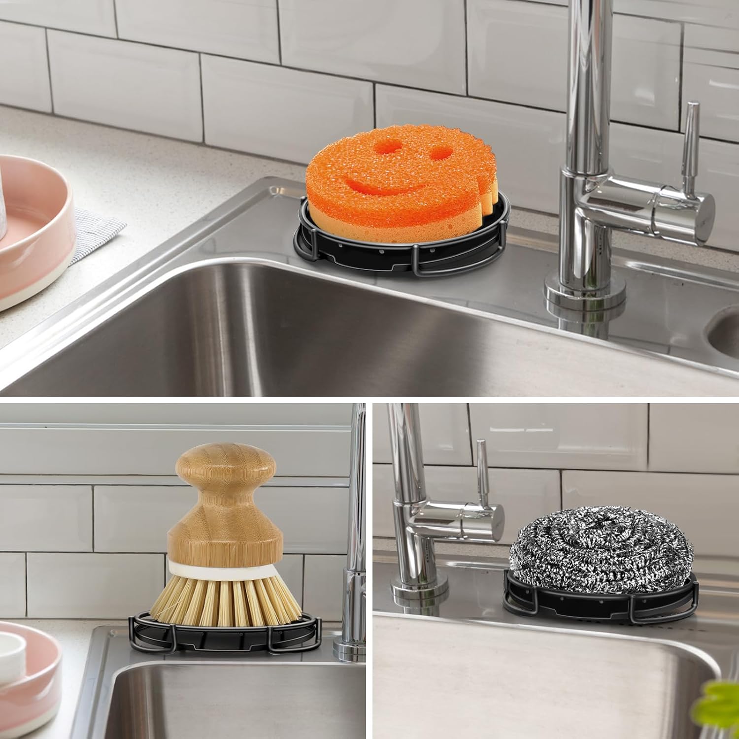 Stainless Steel Smiley Face Dish Sponge Holder, Black Sink Caddy for Kitchen Countertop, Soap Bar