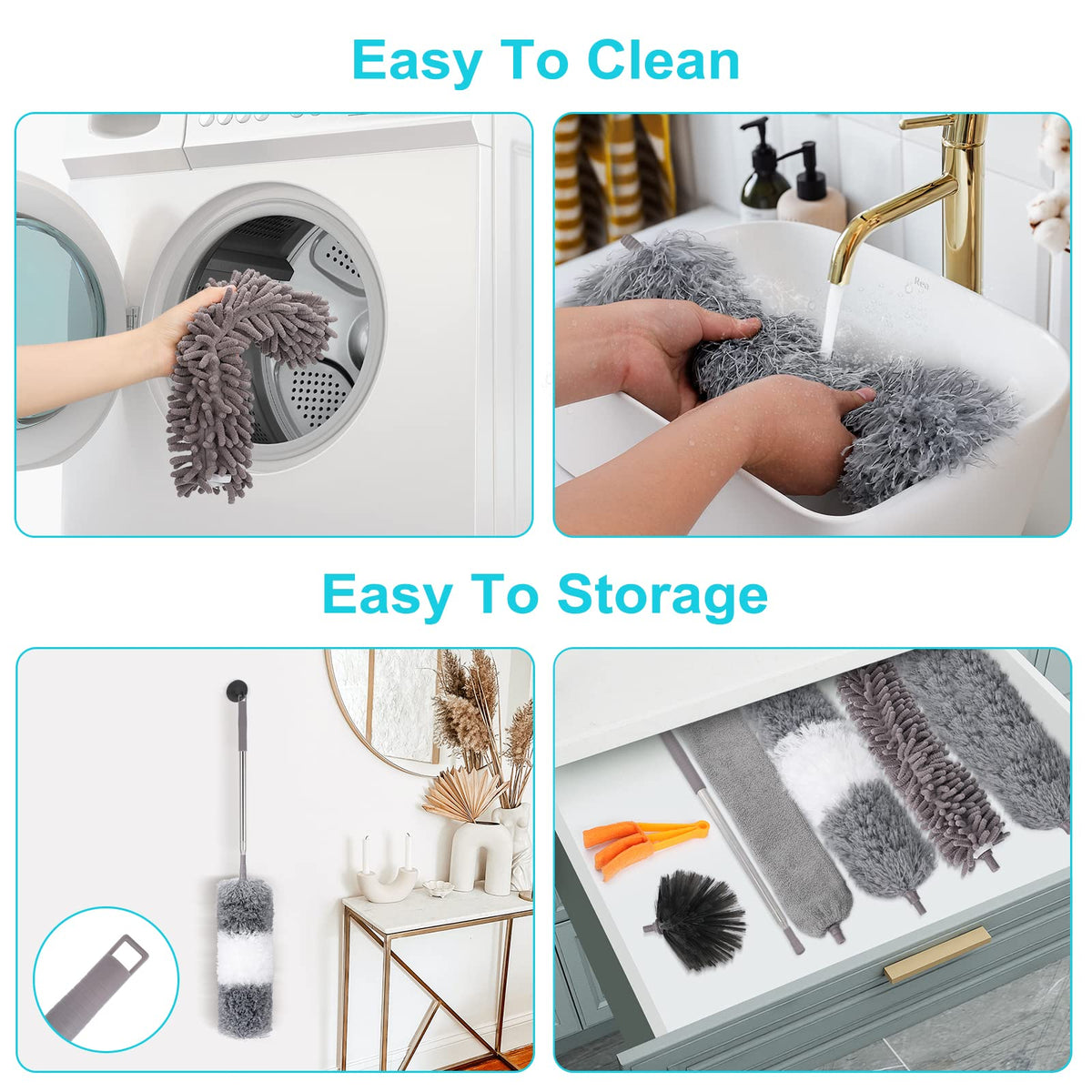 12pcs Microfiber Dusters, Duster with Extension Pole(Stainless Steel) 30 to 100'', Washable
