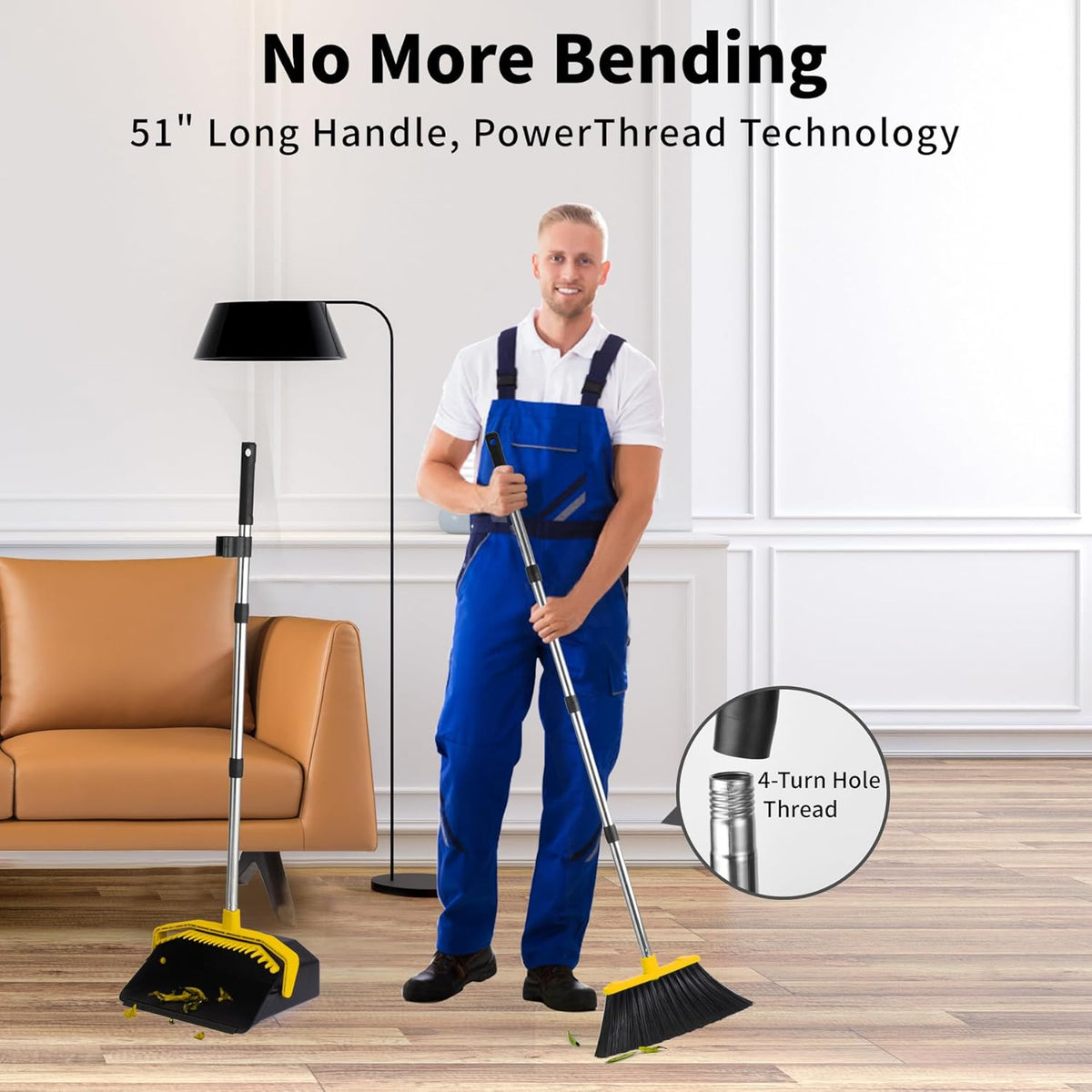Broom with Dustpan Combo Set, Brooms and Dustpans Sets with 51'' Long Handle, Large Dust Pan and