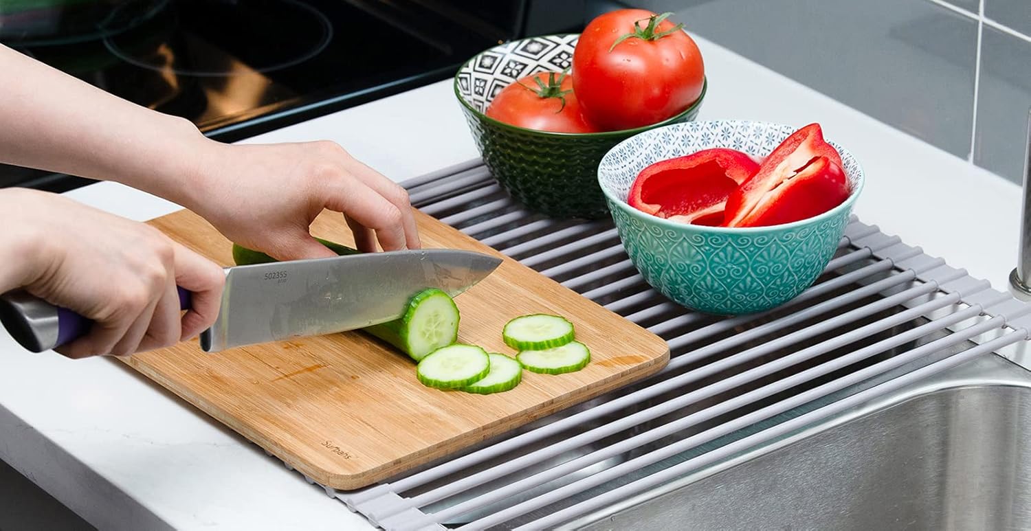 Surpahs Over Sink Foldable Multipurpose Roll-Up Dish Drying Rack, Silicone Wrapped Stainless Steel