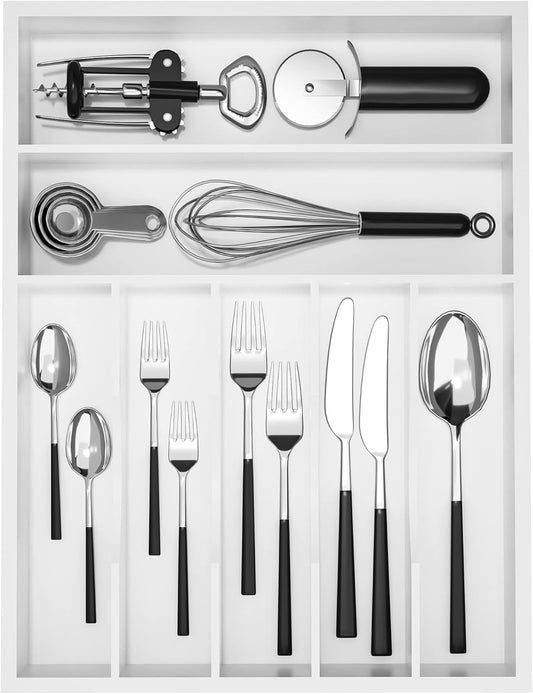 Utensil Organizer Silverware Drawer Organizer - 7 Slots Bamboo Cutlery Organizer Multi-Purpose