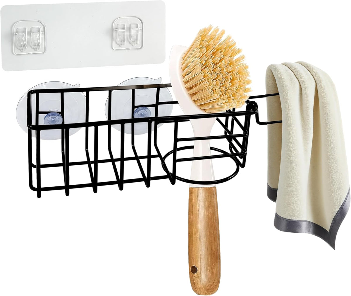 Sponge Holder with Dish Cloth Hanger for Kitchen Sink, In-sink Caddy Organizer with Suction Cups &