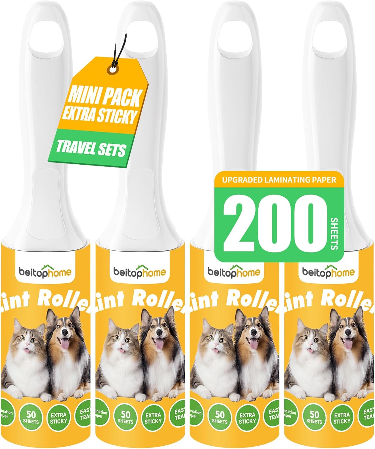 Extra Sticky Lint Roller for Pet Hairs 200 Sheets Lint Rollers for Travel 4 Pack Tough Paper, Small
