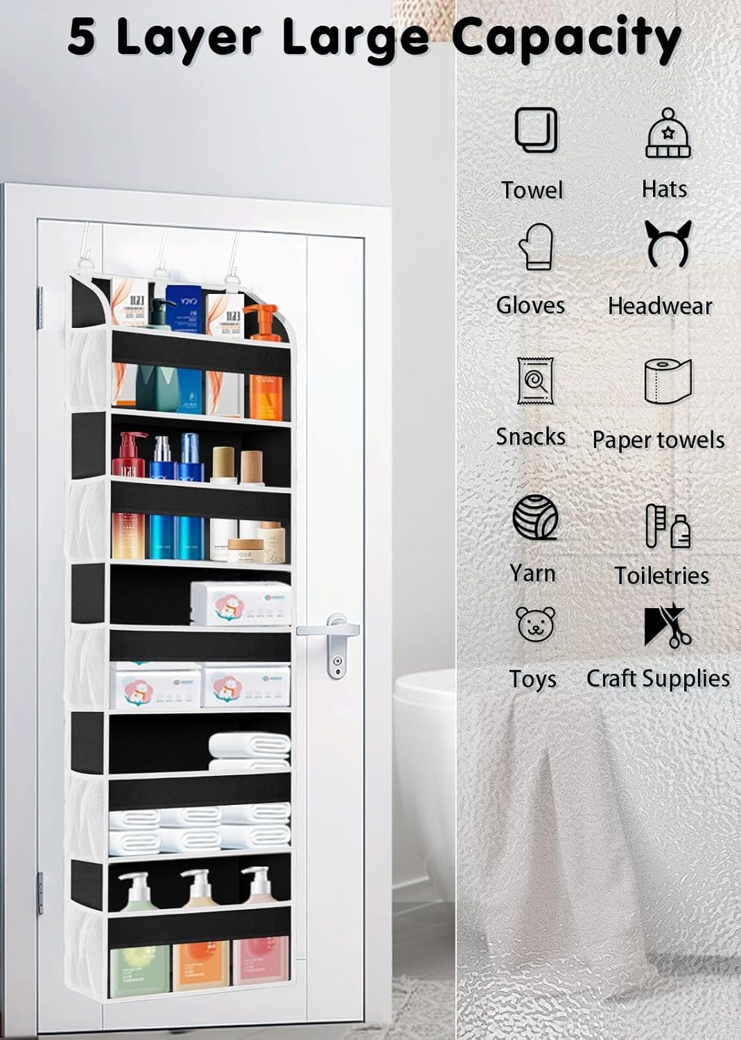 2 Pack Over The Door Storage Organizer with 5 Pockets 10 Mesh Side Pockets, 44 lbs Weight Capacity