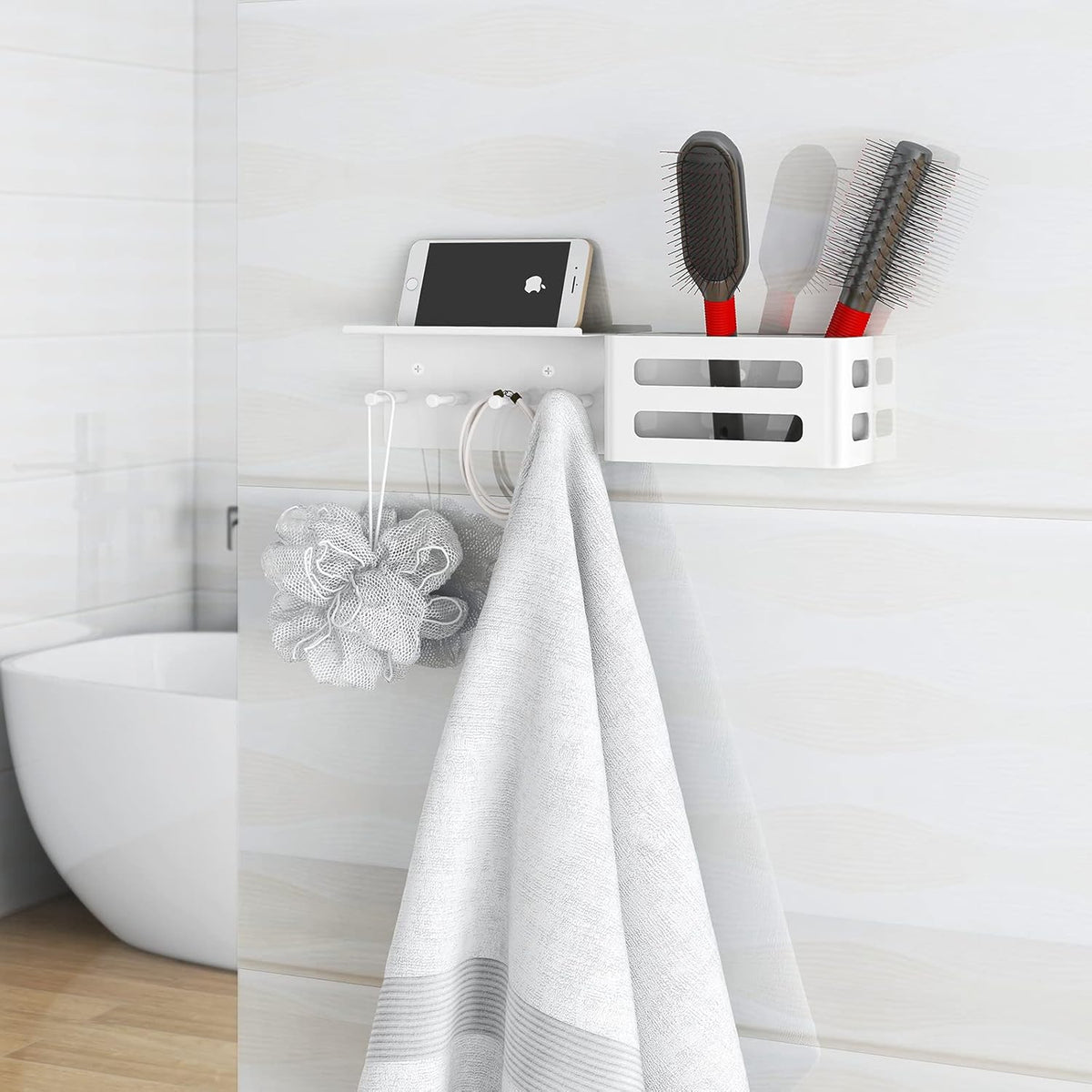 MKO Key Holder for Wall, 12.2In Mail Organizer Holder with Shelf, Metal Key Rack Adhesive Wall