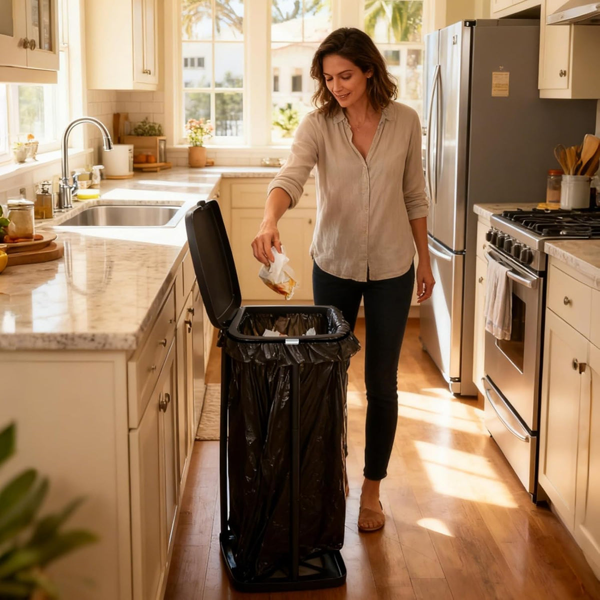Portable Trash Bag Holder Collapsible Garbage Bin with Lid and Bands, Expandable Indoor Outdoor