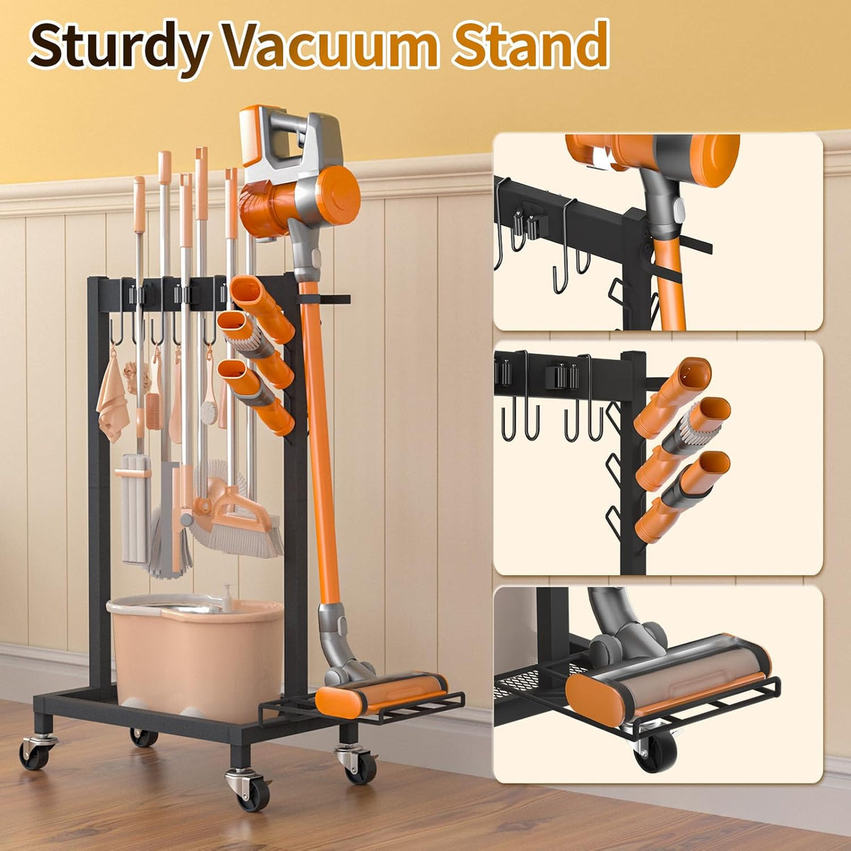 Cleaning Supplies Organizer with Broom Holder Load 160 LBS Cleaning Cart with Wheels Broom Closet