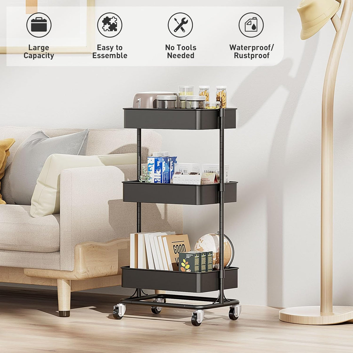 3 Tier Modern Metal Rolling Tool Cart with Silent Casters, 17.72×12.40×35.04 inch Heavy Duty