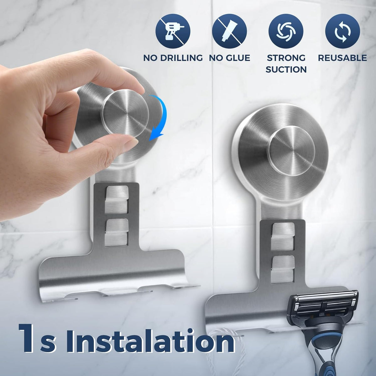 Suction Cup Razor Holder for Shower Wall 2 Pack,Heavy-Duty 15lbs Suction Hooks for